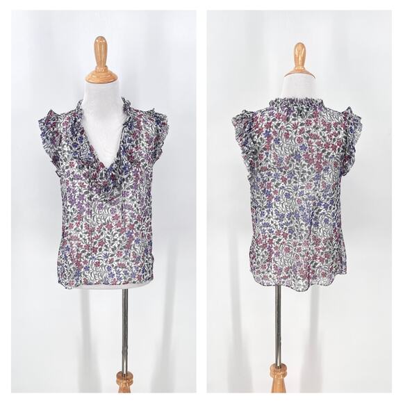 INTERMIX Dani Flutter Sleeve Top Women Small White Sheer Silk Floral Print Sheer - Picture 2 of 14
